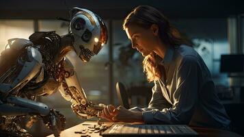 Female engineer examines robot's AI mechanism, searching for a solution. Using a laptop at an industrial technology factory photo