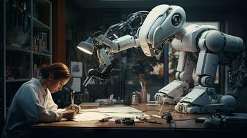 Female engineer examines robot's AI mechanism, searching for a solution. Using a laptop at an industrial technology factory photo