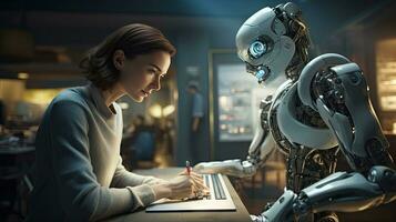 Female engineer examines robot's AI mechanism, searching for a solution. Using a laptop at an industrial technology factory photo