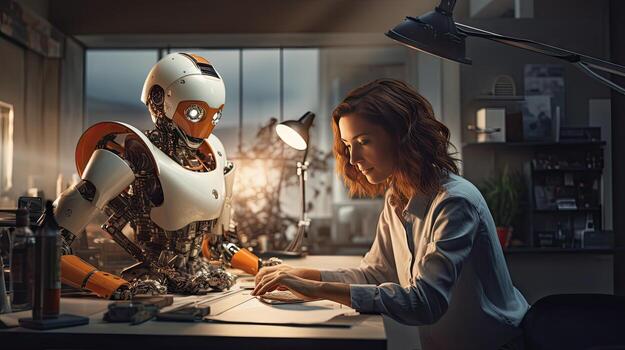 Female engineer examines robot's AI mechanism, searching for a solution. Using a laptop at an industrial technology factory photo