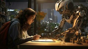 Female engineer examines robot's AI mechanism, searching for a solution. Using a laptop at an industrial technology factory photo