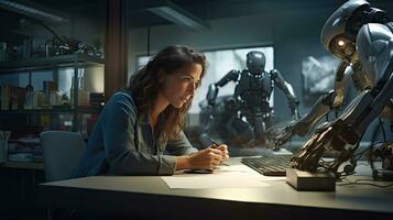 Female engineer examines robot's AI mechanism, searching for a solution. Using a laptop at an industrial technology factory photo