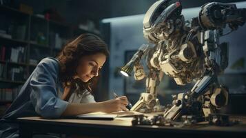 Female engineer examines robot's AI mechanism, searching for a solution. Using a laptop at an industrial technology factory photo