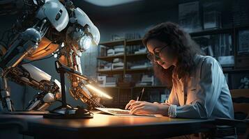 Female engineer examines robot's AI mechanism, searching for a solution. Using a laptop at an industrial technology factory photo