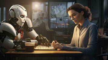 Female engineer examines robot's AI mechanism, searching for a solution. Using a laptop at an industrial technology factory photo