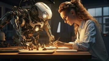 Female engineer examines robot's AI mechanism, searching for a solution. Using a laptop at an industrial technology factory photo