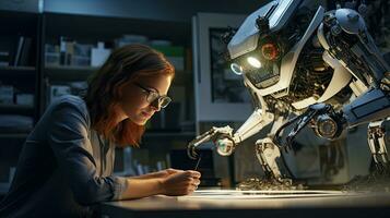 Female engineer examines robot's AI mechanism, searching for a solution. Using a laptop at an industrial technology factory photo