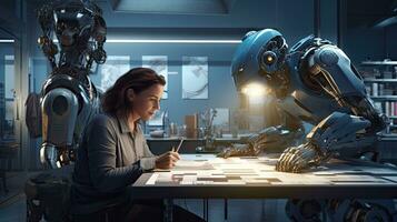 Female engineer examines robot's AI mechanism, searching for a solution. Using a laptop at an industrial technology factory photo