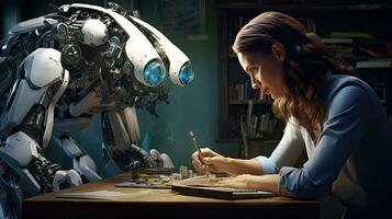 Female engineer examines robot's AI mechanism, searching for a solution. Using a laptop at an industrial technology factory photo