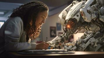 Female engineer examines robot's AI mechanism, searching for a solution. Using a laptop at an industrial technology factory photo