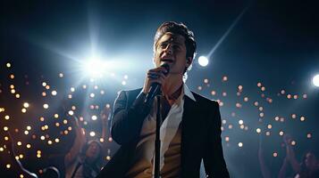 hermoso joven masculino cantante sostiene un micrófono estar y realiza en un concierto escenario. foto