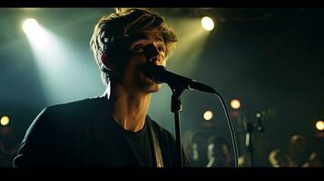 Handsome young male singer holds a microphone stand and performs on a concert stage. photo