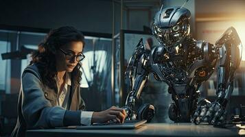Female engineer examines robot's AI mechanism, searching for a solution. Using a laptop at an industrial technology factory photo