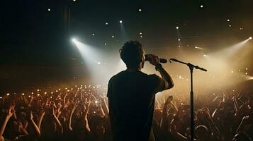 hermoso joven masculino cantante sostiene un micrófono estar y realiza en un concierto escenario. foto