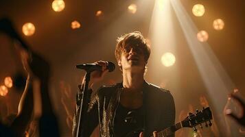 hermoso joven masculino cantante sostiene un micrófono estar y realiza en un concierto escenario. foto