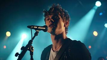 Handsome young male singer holds a microphone stand and performs on a concert stage. photo