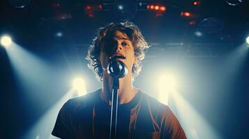 Handsome young male singer holds a microphone stand and performs on a concert stage. photo