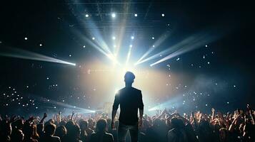 hermoso joven masculino cantante sostiene un micrófono estar y realiza en un concierto escenario. foto