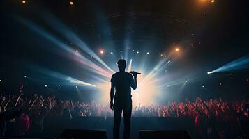 Handsome young male singer holds a microphone stand and performs on a concert stage. photo