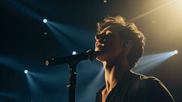 Handsome young male singer holds a microphone stand and performs on a concert stage. photo