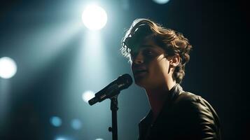 hermoso joven masculino cantante sostiene un micrófono estar y realiza en un concierto escenario. foto