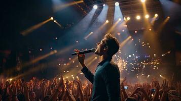 Handsome young male singer holds a microphone stand and performs on a concert stage. photo