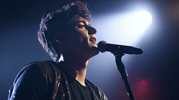 Handsome young male singer holds a microphone stand and performs on a concert stage. photo