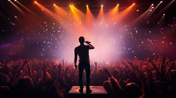 hermoso joven masculino cantante sostiene un micrófono estar y realiza en un concierto escenario. foto