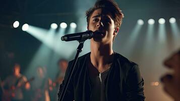 Handsome young male singer holds a microphone stand and performs on a concert stage. photo