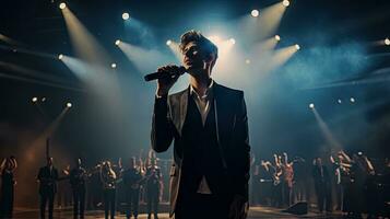 hermoso joven masculino cantante sostiene un micrófono estar y realiza en un concierto escenario. foto