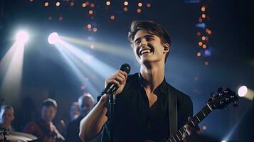 hermoso joven masculino cantante sostiene un micrófono estar y realiza en un concierto escenario. foto