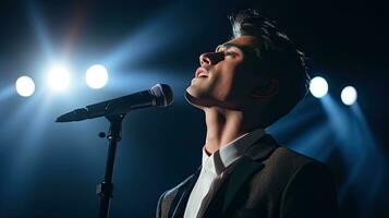 hermoso joven masculino cantante sostiene un micrófono estar y realiza en un concierto escenario. foto