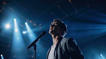 Handsome young male singer holds a microphone stand and performs on a concert stage. photo