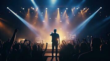 hermoso joven masculino cantante sostiene un micrófono estar y realiza en un concierto escenario. foto