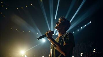 hermoso joven masculino cantante sostiene un micrófono estar y realiza en un concierto escenario. foto