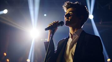 hermoso joven masculino cantante sostiene un micrófono estar y realiza en un concierto escenario. foto