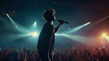 Handsome young male singer holds a microphone stand and performs on a concert stage. photo