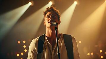 Handsome young male singer holds a microphone stand and performs on a concert stage. photo
