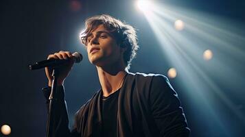 Handsome young male singer holds a microphone stand and performs on a concert stage. photo