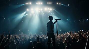 hermoso joven masculino cantante sostiene un micrófono estar y realiza en un concierto escenario. foto