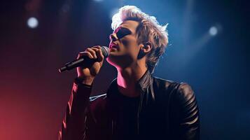 Handsome young male singer holds a microphone stand and performs on a concert stage. photo