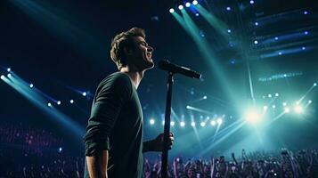 Handsome young male singer holds a microphone stand and performs on a concert stage. photo