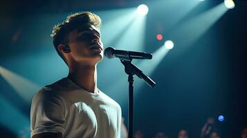 Handsome young male singer holds a microphone stand and performs on a concert stage. photo