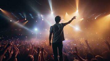 Handsome young male singer holds a microphone stand and performs on a concert stage. photo