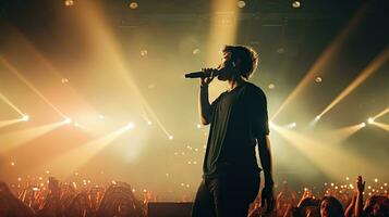 Handsome young male singer holds a microphone stand and performs on a concert stage. photo