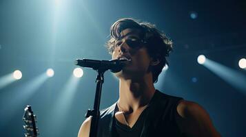 Handsome young male singer holds a microphone stand and performs on a concert stage. photo