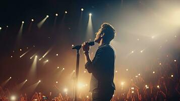 Handsome young male singer holds a microphone stand and performs on a concert stage. photo