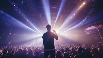 Handsome young male singer holds a microphone stand and performs on a concert stage. photo