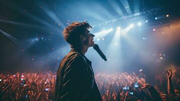 hermoso joven masculino cantante sostiene un micrófono estar y realiza en un concierto escenario. foto