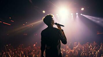 hermoso joven masculino cantante sostiene un micrófono estar y realiza en un concierto escenario. foto